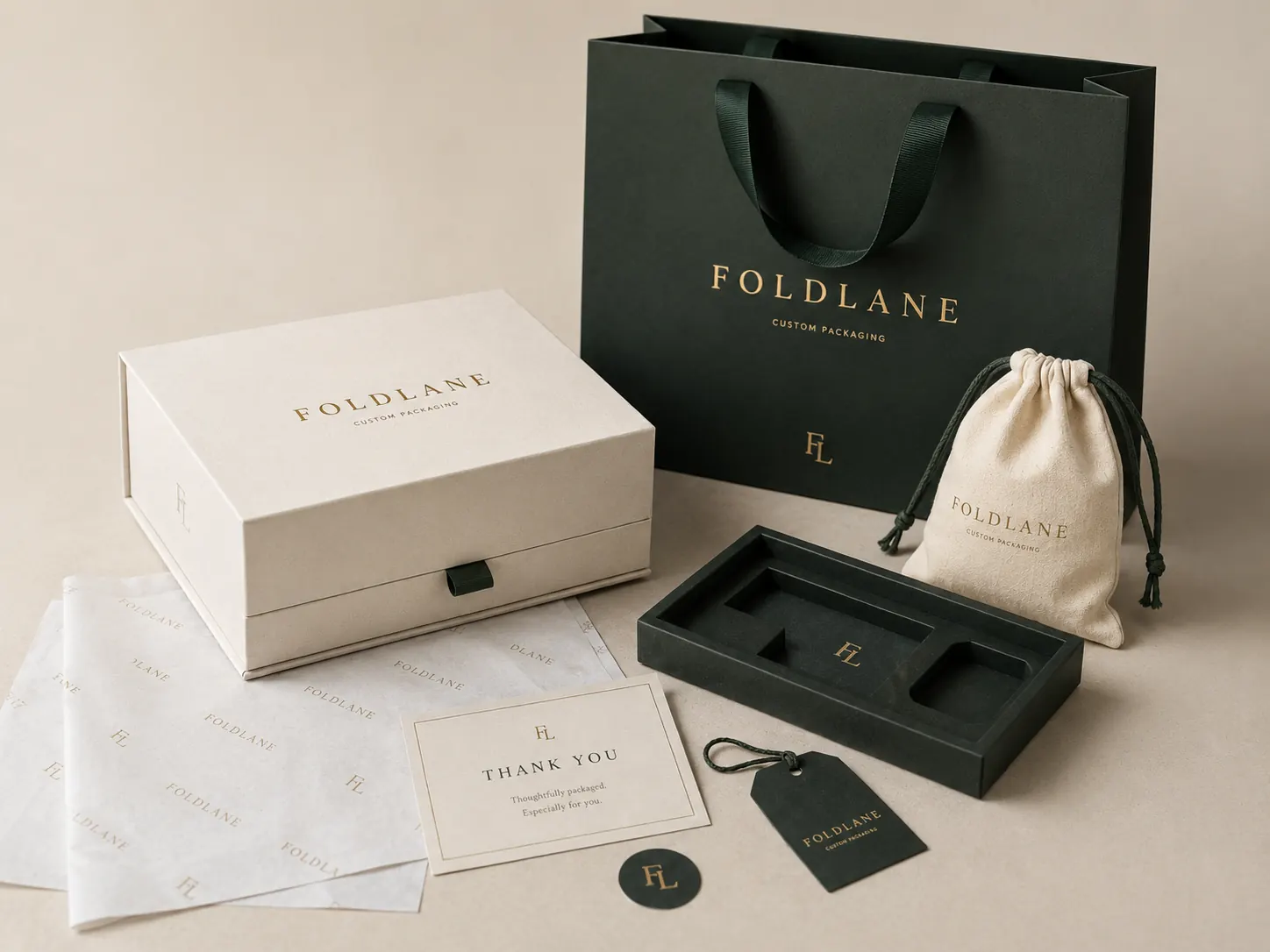 Foldlane premium packaging system with rigid box, shopping bag, pouch, insert tray and printed collateral
