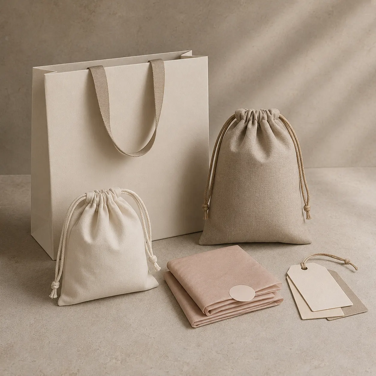 Paper bag, textile pouches and packaging collateral