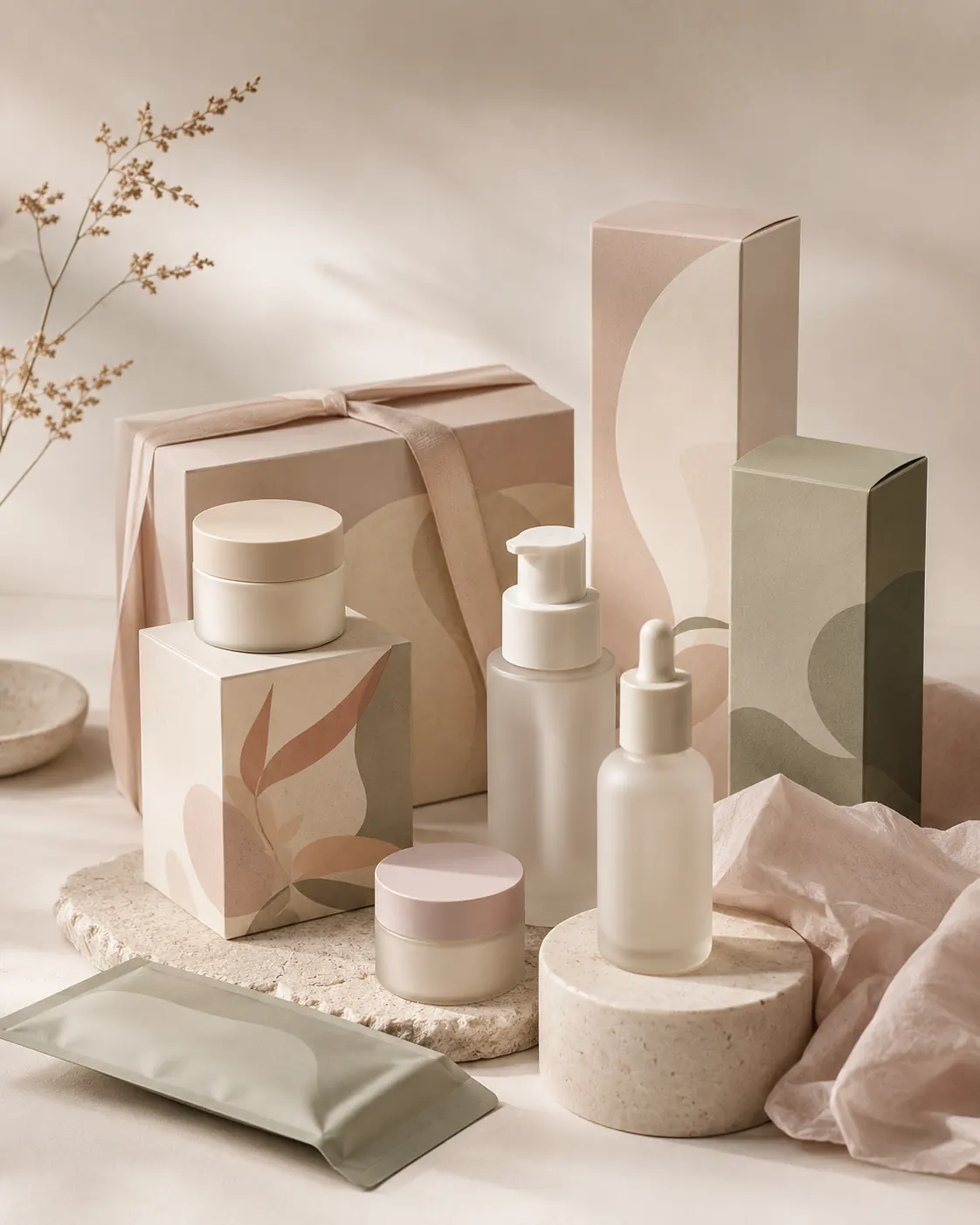Beauty and skincare packaging with cartons, jars, bottles and soft brand colors