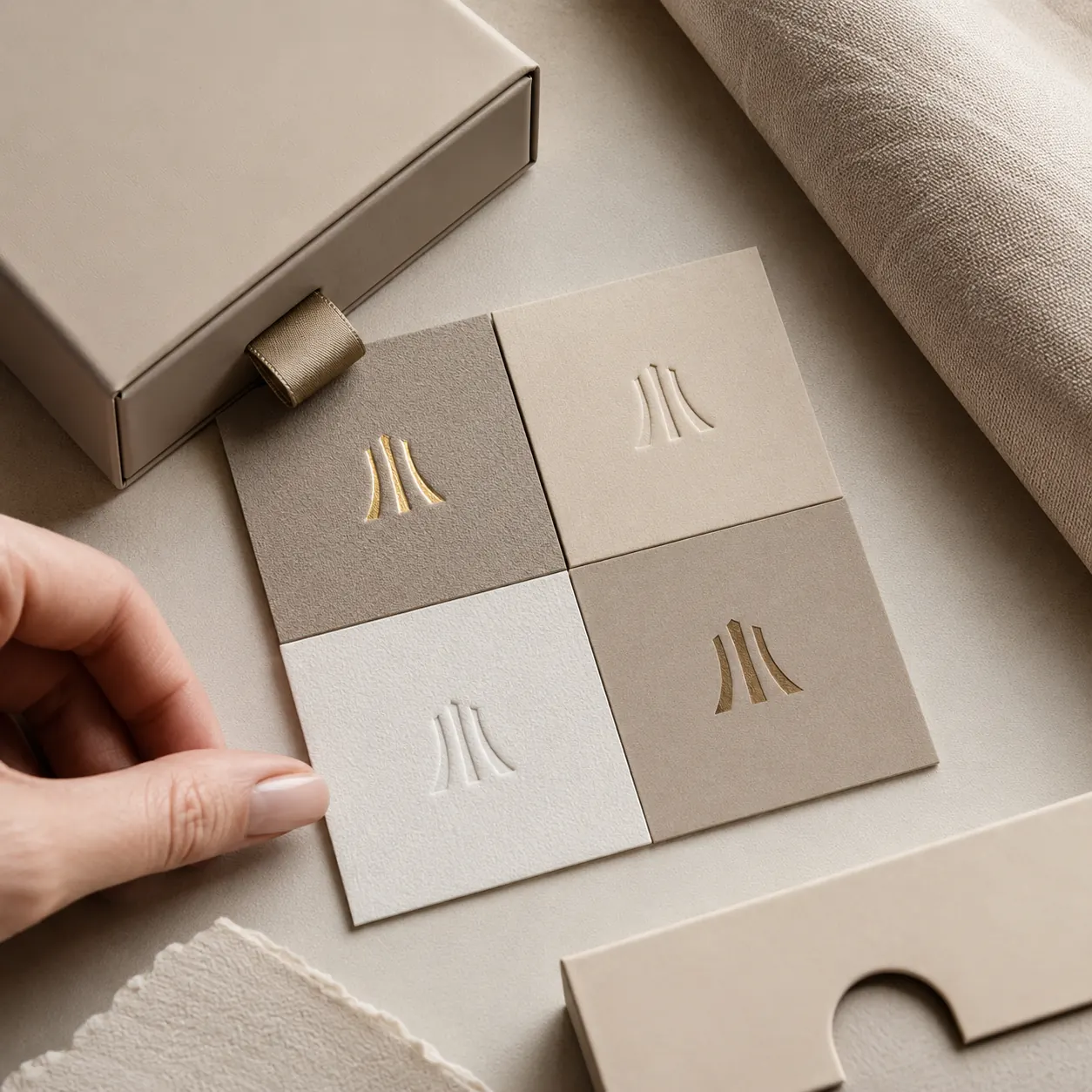 Material cards showing foil stamping, embossing and paper texture options