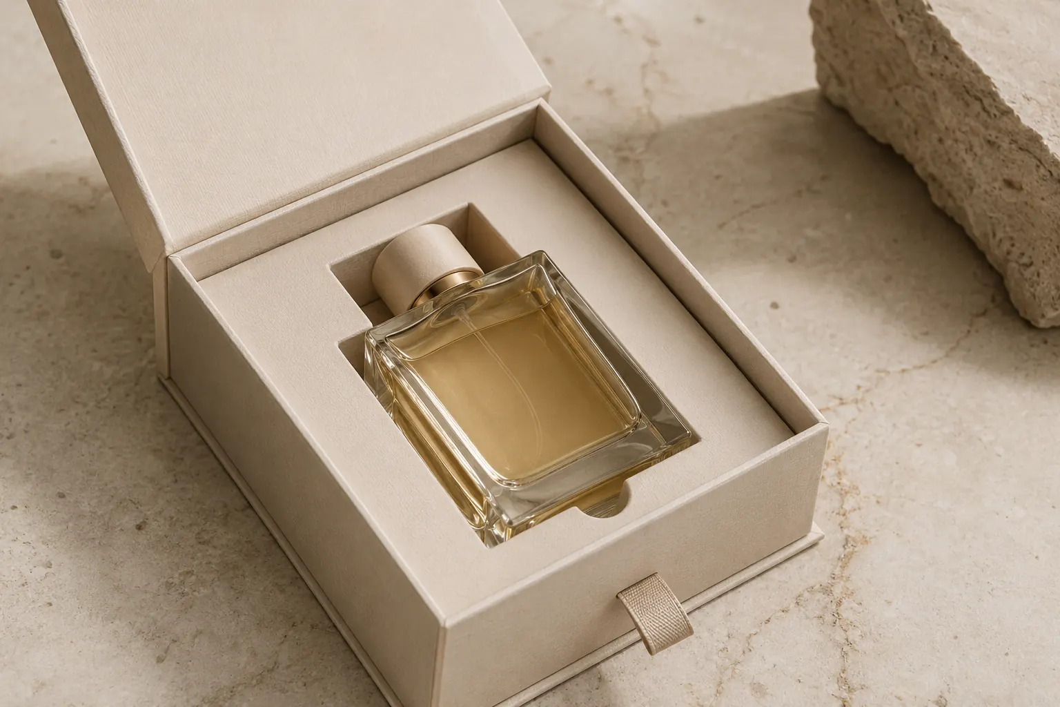 Fragrance packaging with fitted insert and glass bottle in rigid box