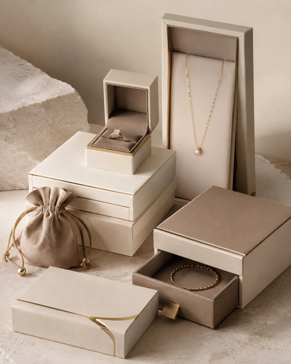 Jewelry packaging manufacturing with rigid boxes, drawer boxes, necklace display and pouch
