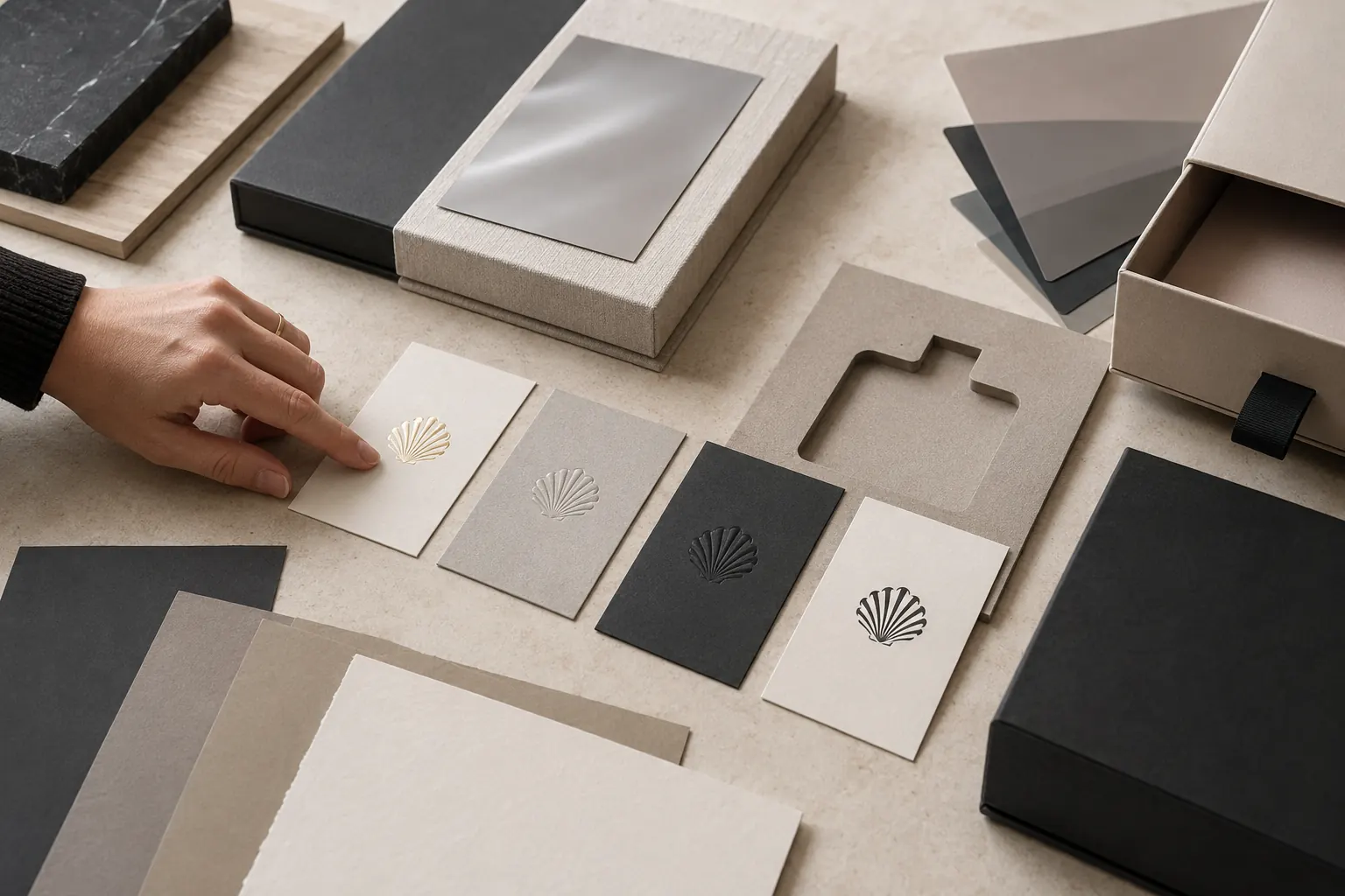 Packaging material and finish samples arranged for production planning