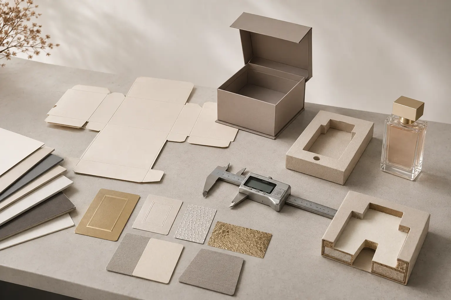 Custom packaging development workbench with dieline, insert tray, material swatches and measuring caliper