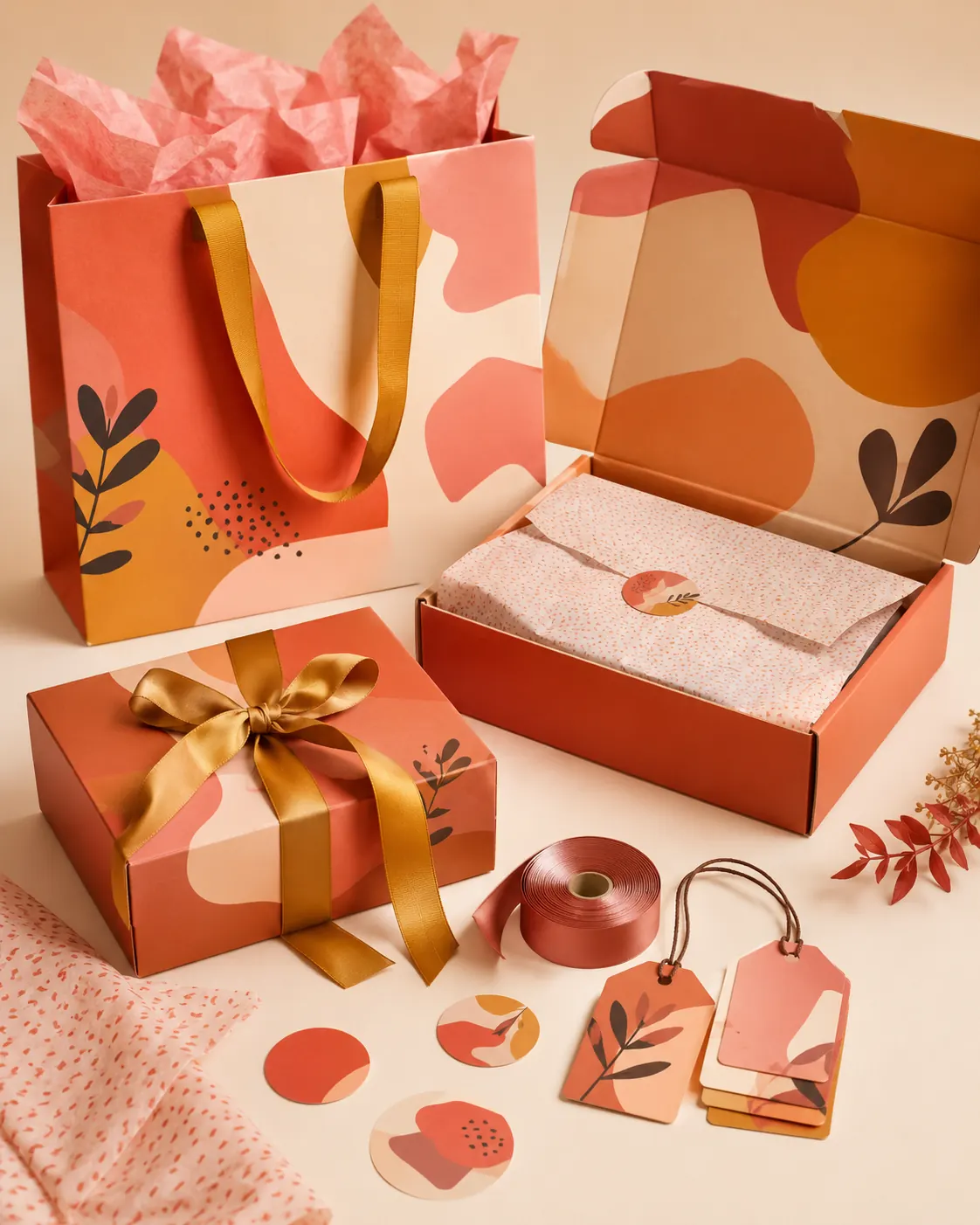 Retail and gift packaging system with paper bag, mailer box, ribbon, tags and stickers