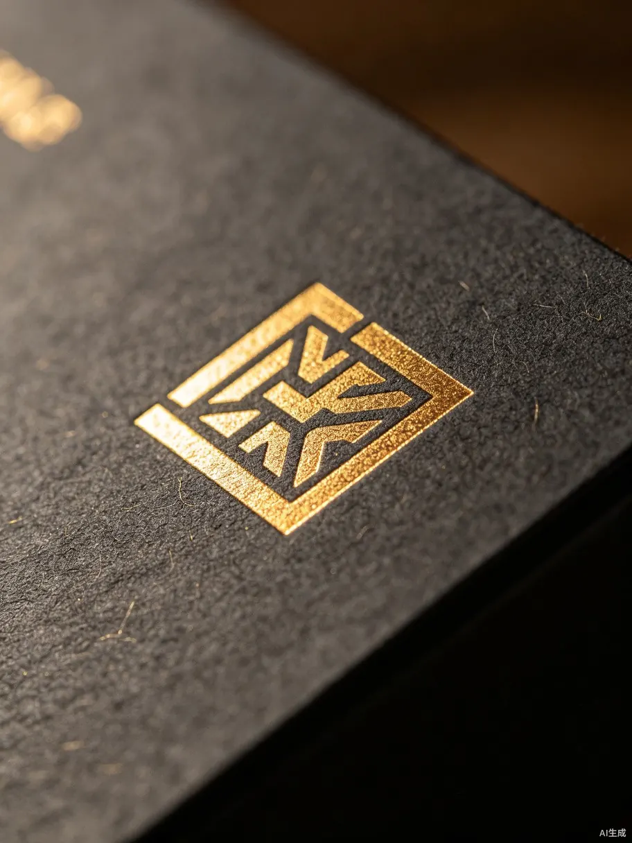 Embossed and foil stamped packaging detail on textured paper