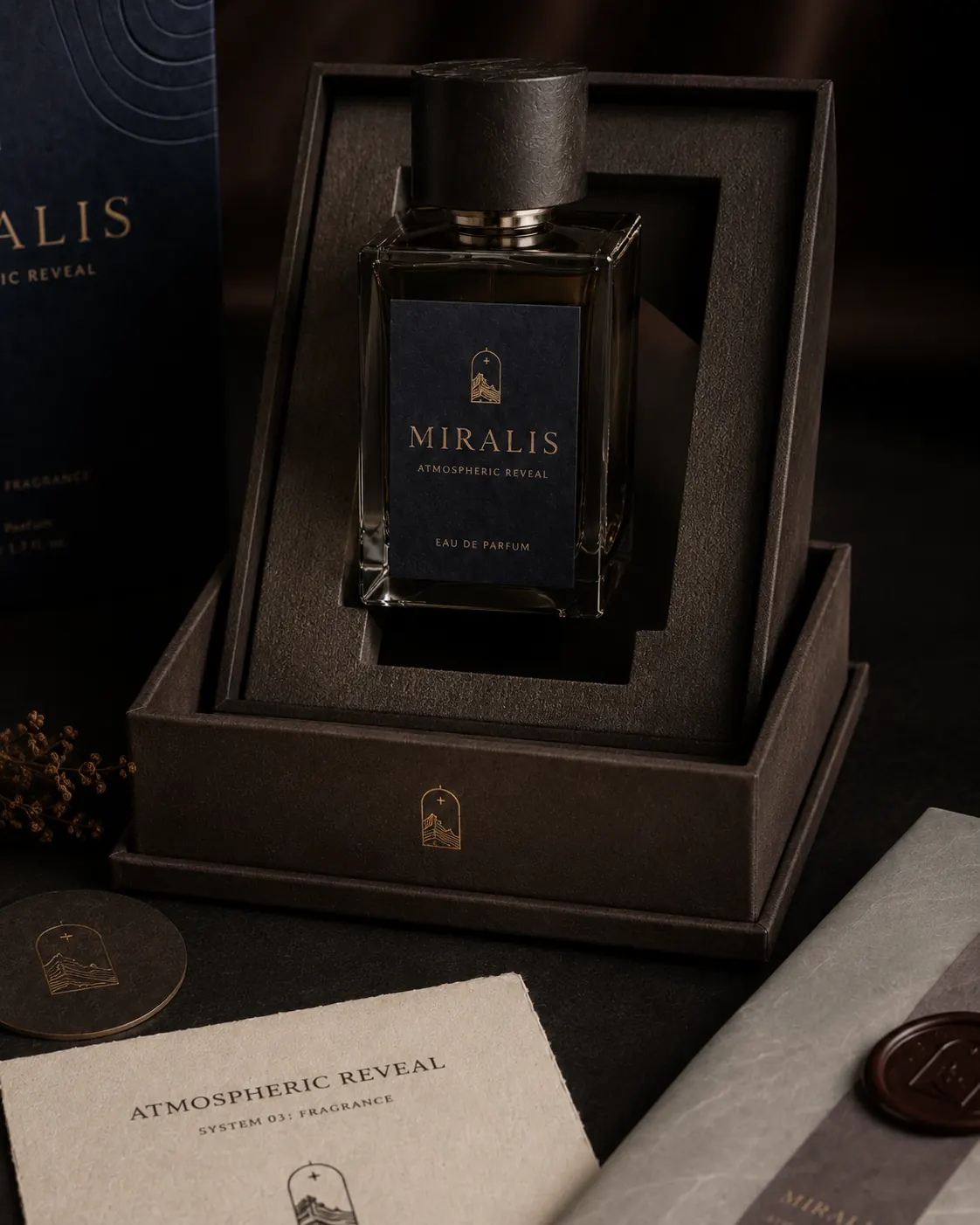 Fragrance bottle in charcoal molded tray - dramatic chiaroscuro lighting on navy and dark brown surfaces