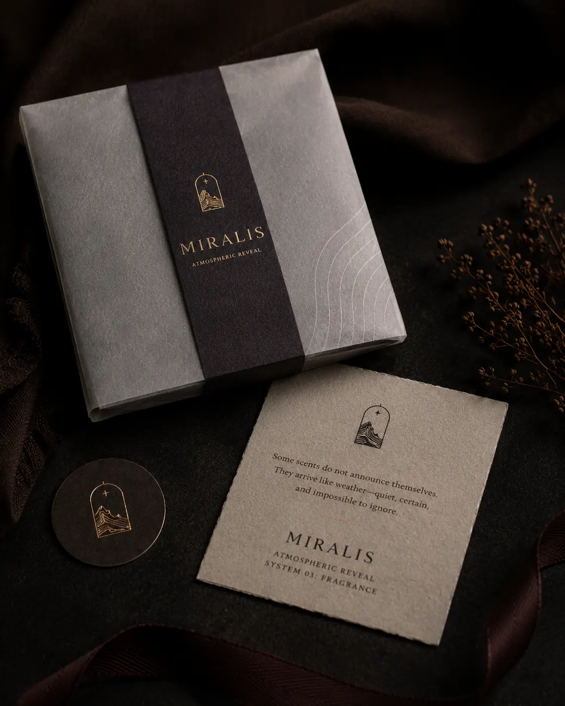 Atmospheric Reveal material samples - rigid navy board, gold foil stamping, debossed topography, charcoal molded tray and wax seal closure