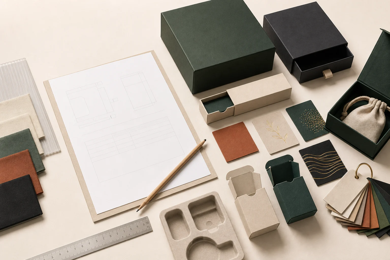 Packaging samples, inserts, swatches and project notes arranged on a work table