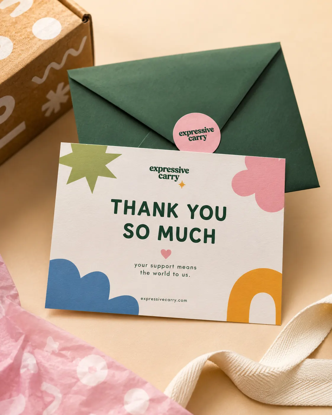 Thank-you card and envelope detail - hand-drawn illustration with expressive branding